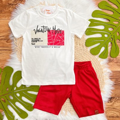 Conj. Camiseta Vocation Mode e Bermuda - Off White e Vermelho